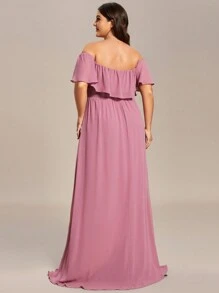 Plus Size Elegant Solid Color Off-Shoulder Split Bridesmaid Dress - Dusty Pink - View 2