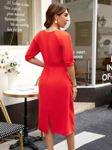 GENKIRA Solid Color Short Sleeve Dress - Orange - View 2