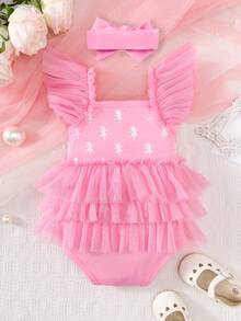 春夏款寶寶女嬰可愛甜美網紗百褶連體衣 - 粉色 - 查看 2