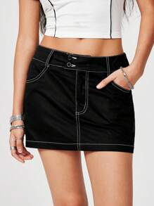 SHEIN EZwear Low Waist Color Blocking A-Line Skirt - Black - View 3