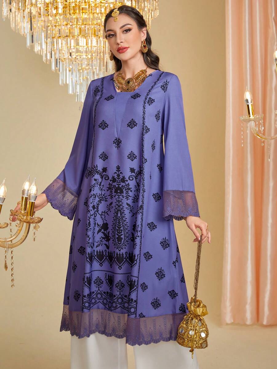 Divindia Patched Lace Cuff Botanic Printed Long Sleeve Kurtas Top - Purple - View 1