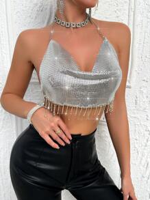 Allurite Top Con Cuello Halter De Flecos Y Cadena De Diamantes De Imitación Para Mujer Con Espalda Descubierta - Plateado - Ver 4