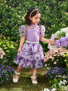 SHEIN Conjunto De Manga Puff Para Niñas Jóvenes Con Top De Punto Con Volantes De Malla Con Patrón Floral Y Cuello De Pie Con Falda De Múltiples Capas En Forma De Pastel - Multicolor - Ver 6