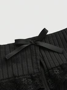 ROMWE Kawaii Solid Color Open Shoulder Lace Trim Flare Sleeve T-Shirt, School - Black - View 3