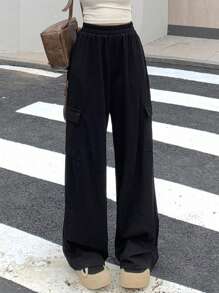 Dazy Designer 女式松紧腰翻盖口袋和侧条纹长裤，女式慢跑裤 - 黑色 - 查看 3