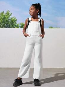 Tween Girl Basic Loose Fit College Style White Denim Overalls With Wide Legs And Elastic Back Waist - White - View 4