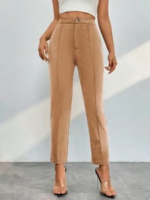 SHEIN PETITE Women's Solid Color Cropped Pants - Khaki - View 5