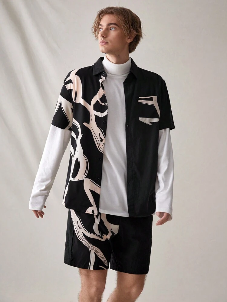 Men's Printed Woven Shirt And Shorts Set