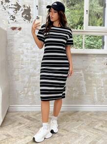 SHEIN EZwear 黑白條紋針織連衣裙 - 黑色 - 查看 5