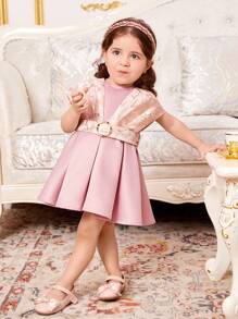 SHEIN 嬰兒女生兄弟姊妹裝,華麗的褶皺無袖洋裝,附帶腰帶 - 粉色 - 查看 6