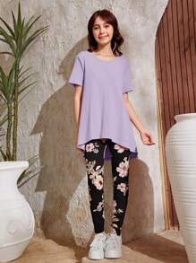 SHEIN Thiếu niên Cô gái Viền bất đối xứng Sọc Áo thun Và Hoa Xà cạp - Màu tím hoa cà - Xem 5