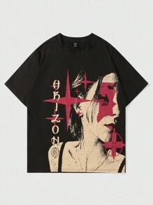 ROMWE MEN Anime Men's Casual Silhouette Figure Printed T-Shirt For Summer, School - Black - View 1