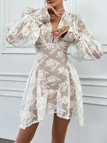 EURMUSE 蕾絲v領燈籠袖傘狀下擺裙裝 - 白色 - 查看 5