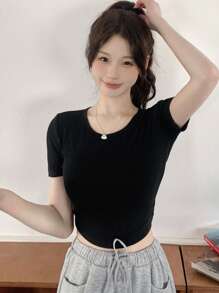 DAZY Women's Short Sleeve Round Neck T-Shirt With Back Bow Decoration