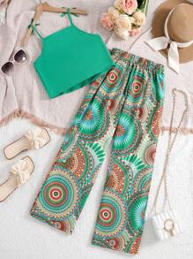Sparklyn Cô gái Tween Màu thuần Dây đeo Mì Ý  Áo Và Quần ống rộng Bộ Với In Mandala - Nhiều màu - Xem 2