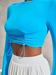 Lifespree Áo thun thể thao xếp nếp viền crop, trang phục quần vợt nữ - Màu xanh lam - Xem 7