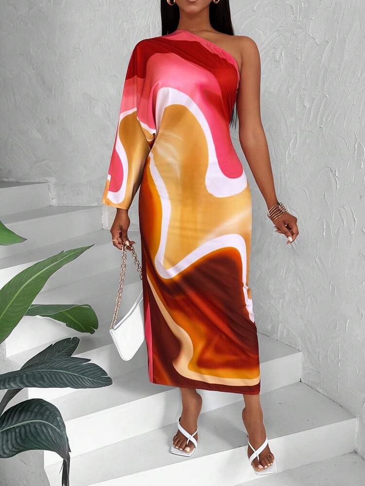 One Shoulder Batwing Sleeve Bodycon Dress