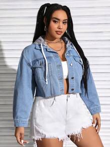 SHEIN EZwear 加大碼顏色拼接束口帽短式牛仔外套 - 淺色水洗藍 - 查看 6