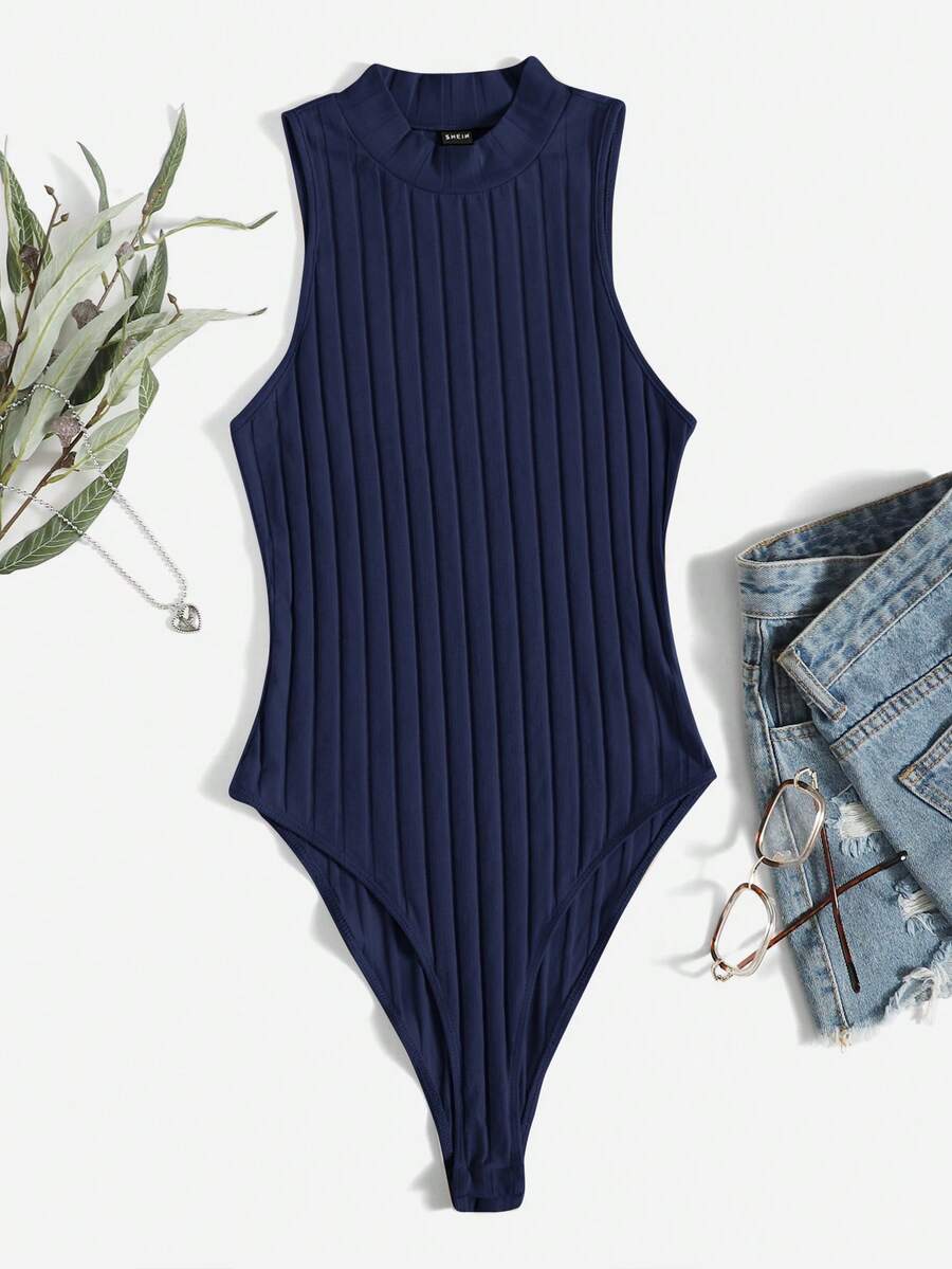 SHEIN Essnce 女款純色羅紋針織連身衣 - 藏蓝色 - 查看 1