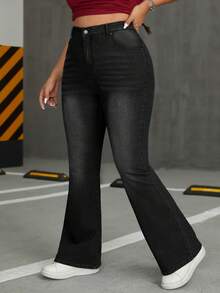 SHEIN ICON Kích thước lớn Của phụ nữ Thêu Eo cao Quần jean loe Với Trở lại Túi - Xám - Xem 3