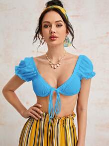 Soleia Cropped Top With Ruched Detail & Tie Straps - Blue - View 1