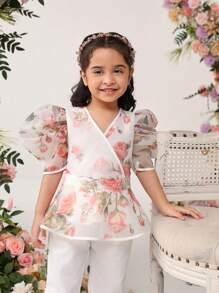 SHEIN 少女可愛 V領泡泡袖短袖上衣,印有花卉圖案 - 彩色 - 查看 5
