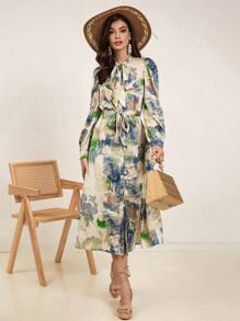 GENKIRA Giường đôi In Buộc Đường viền cổ áo Nút phía trước Tay áo dài Đầm - Nhiều màu - Xem 6