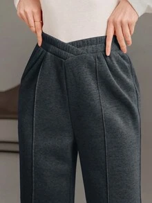 Mulvari Women's Wrapped Waist Stitching Detail Sweatpants - Dark Grey - View 5