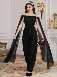 Modelyn 女士露肩網紗開叉長袖連身褲 - 黑色 - 查看 4