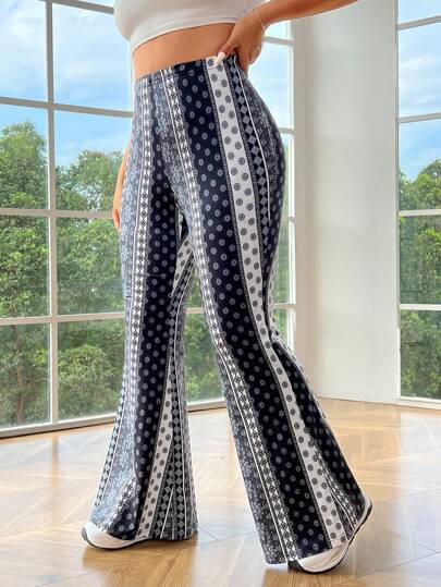 SHEIN EZwear Plus Size Retro Print Flared Pants
