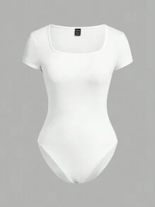 SHEIN EZwear 2pcs/Set Square Collar Short Sleeve Simple Casual Bodysuit For Women, Summer - Black and White - View 7