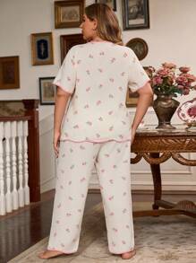 CottageSlumber Plus Size Floral Printed Short Sleeve Top And Pants Loose Pajama Set - Beige - View 3