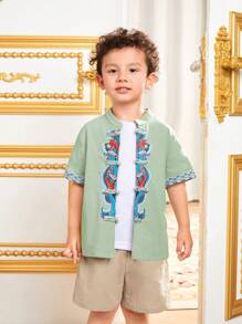 SHEIN 青少年男孩组合休闲立领短袖衬衫和短裤套装，具有中国传统元素 - 彩色 - 查看 6