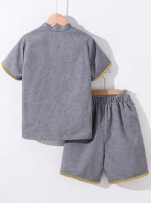 Tween男孩鬆身休閒立領襯衫短褲套裝,附帶拼接和編織細節 - 灰色 - 查看 5