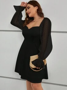 SHEIN Privé Plus Size Women's Mesh Sweetheart Neckline Long Sleeve Dress - Black - View 4
