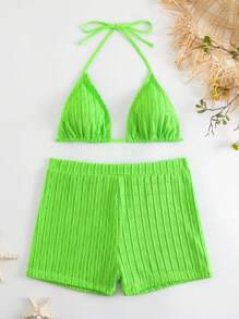 BamGleam Summer Beach Ladies' Textured Halter Neck Two-Piece Bikini Set - Lime Green - View 6