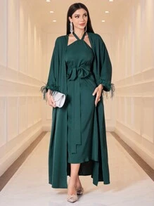 Modelyn Ladies' Solid Color Wrap Dress With Halter Neck Tie And Sleeve Cuff Jacket, Two-Piece Set - Dark Green - View 7