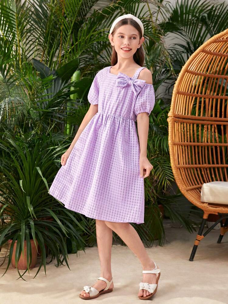 Tween Girls' Asymmetrical Collar Bowknot Decoration Dress