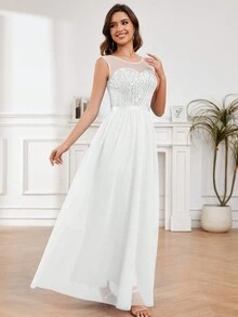 Women's White Round Neckline Colorblock Sequin Back Zipper Wedding Dress - White - View 6