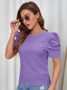 SHEIN Clasi Camiseta De Manga Abullonada Lisa Para Mujeres - Púrpura malva - Ver 3