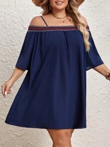 SHEIN VCAY Plus Size Woven Strap Patchwork Dress - Blue - View 1