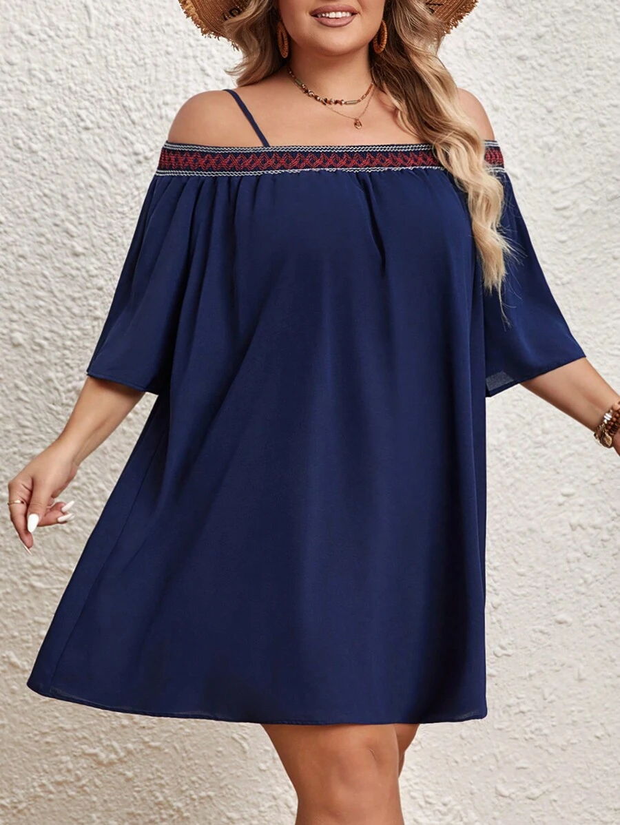 SHEIN VCAY Plus Size Woven Strap Patchwork Dress - Blue - View 1