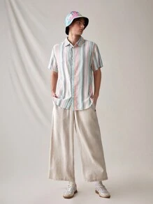 Manfinity RebelGame 鬆身男士條紋鈕領休閒襯衫 - 彩色 - 查看 4