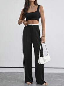 SHEIN Tall 女性顏色堆疊邊條超長褲 - 黑色 - 查看 4