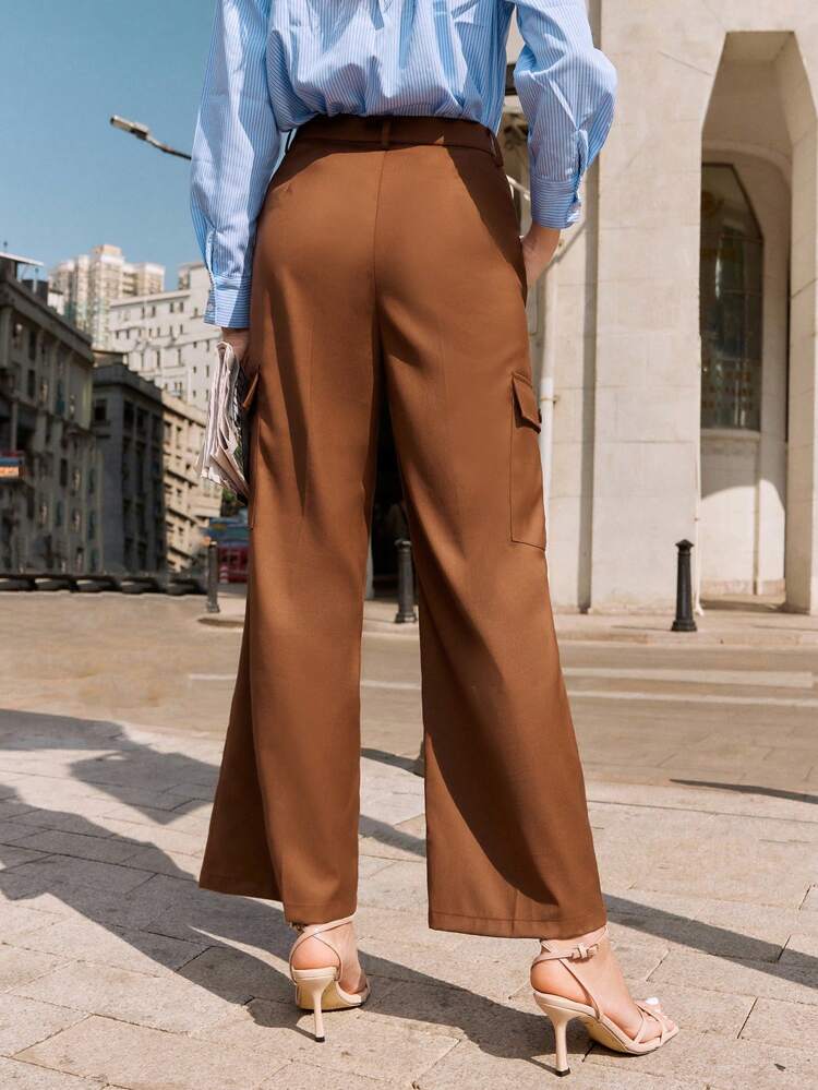 Solid Color Casual Straight Leg Pants With Pockets