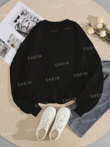 Fashionable Drop Shoulder Round Neck Sweatshirt With New Year Slogan Print, All-Match Style - Black - View 2