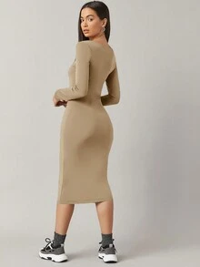RueChic Solid Color Slim Fit Long Sleeve Dress - Apricot - View 2