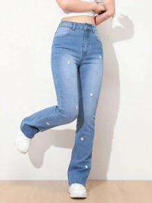 SHEIN Teen Girls' Embroidered Stretchy Flared Jeans - Medium Wash - View 5