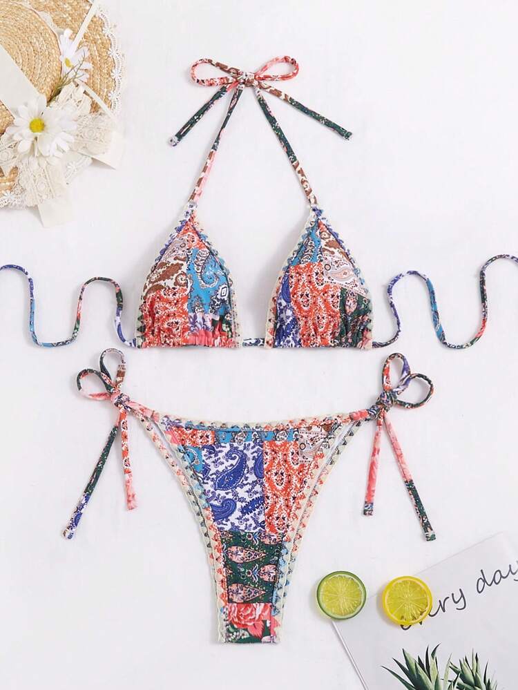 Summer Ladies' Paisley Printed Knotted Side Bikini Swimwear Set