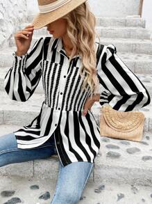 SHEIN Clasi Blusa Avvolgente A Righe Per Donne - Bianco e nero - Visualizzare 4